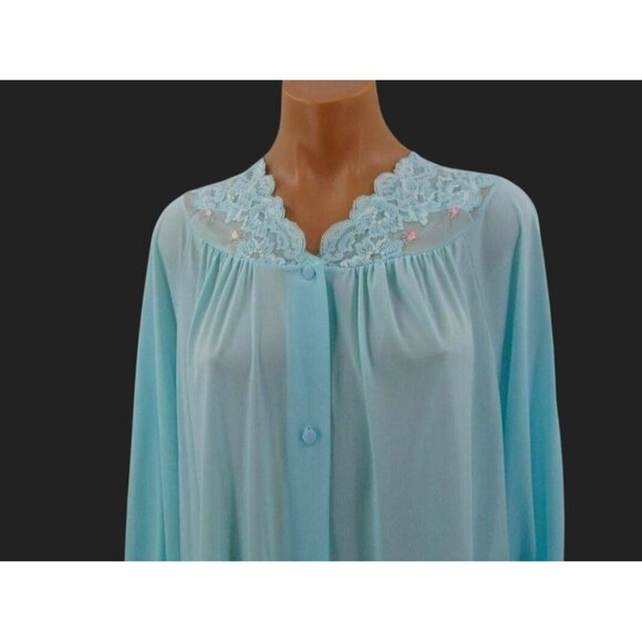Vintage Shadowline Green Nylon Long Robe M Lace Embroidered Yoke Button Front - Picture 2 of 13